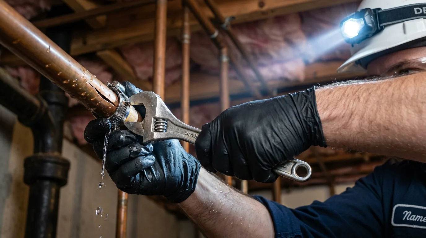 Emergency pipe clamp repair being performed by a Johns Plumbing LLC plumber in Downey
