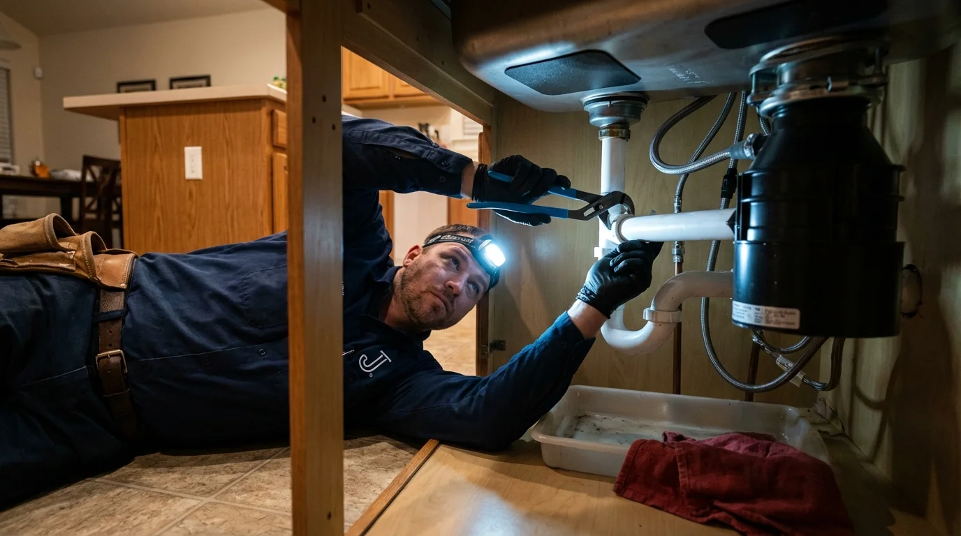 P-trap and supply line connections under a kitchen sink showing a common leak point in Downey, CA